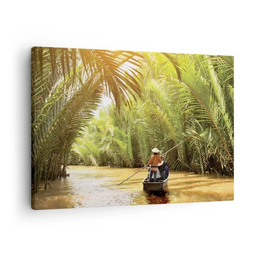 Obraz na plátně - Loď na řece obklopené tropickou vegetací - 70x50cm - Palmovou souteškou - Moderní nástěnná dekorace do obývacího pokoje a ložnice ARTTOR