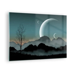 Obraz na skle - Měsíce nad horami s osamělým stromem a hvězdami - 70x50cm - Karneval hvězdné noci - Moderní nástěnná dekorace do obývacího pokoje a ložnice ARTTOR