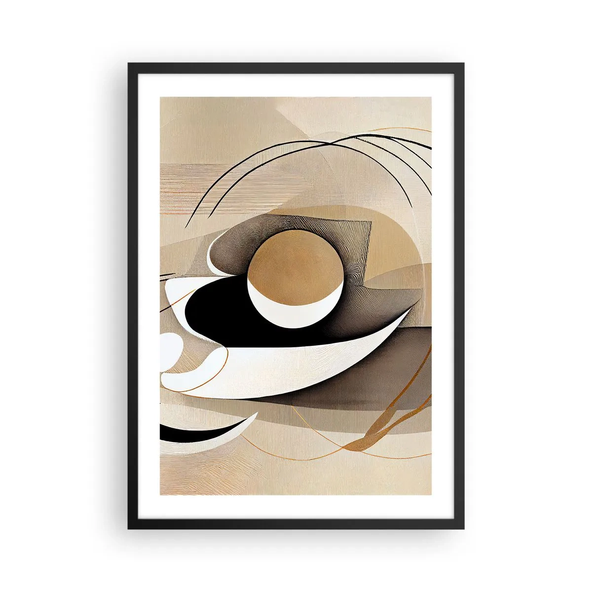 Plakát v černém rámu - Minimalistická abstrakce v odstínech béžové a černé - 50x70cm - Kompozice: podstata věcí - Moderní nástěnná dekorace do obývacího pokoje a ložnice ARTTOR