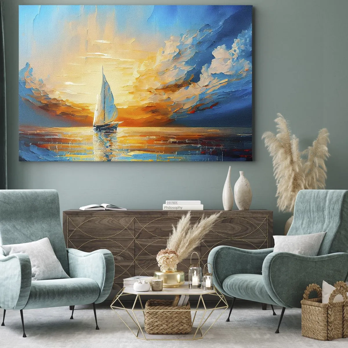 Obraz na plátně - Plachetnice na pozadí zapadajícího slunce a barevných mraků - 70x50cm - Plavba ve zlatě - Moderní nástěnná dekorace do obývacího pokoje a ložnice ARTTOR