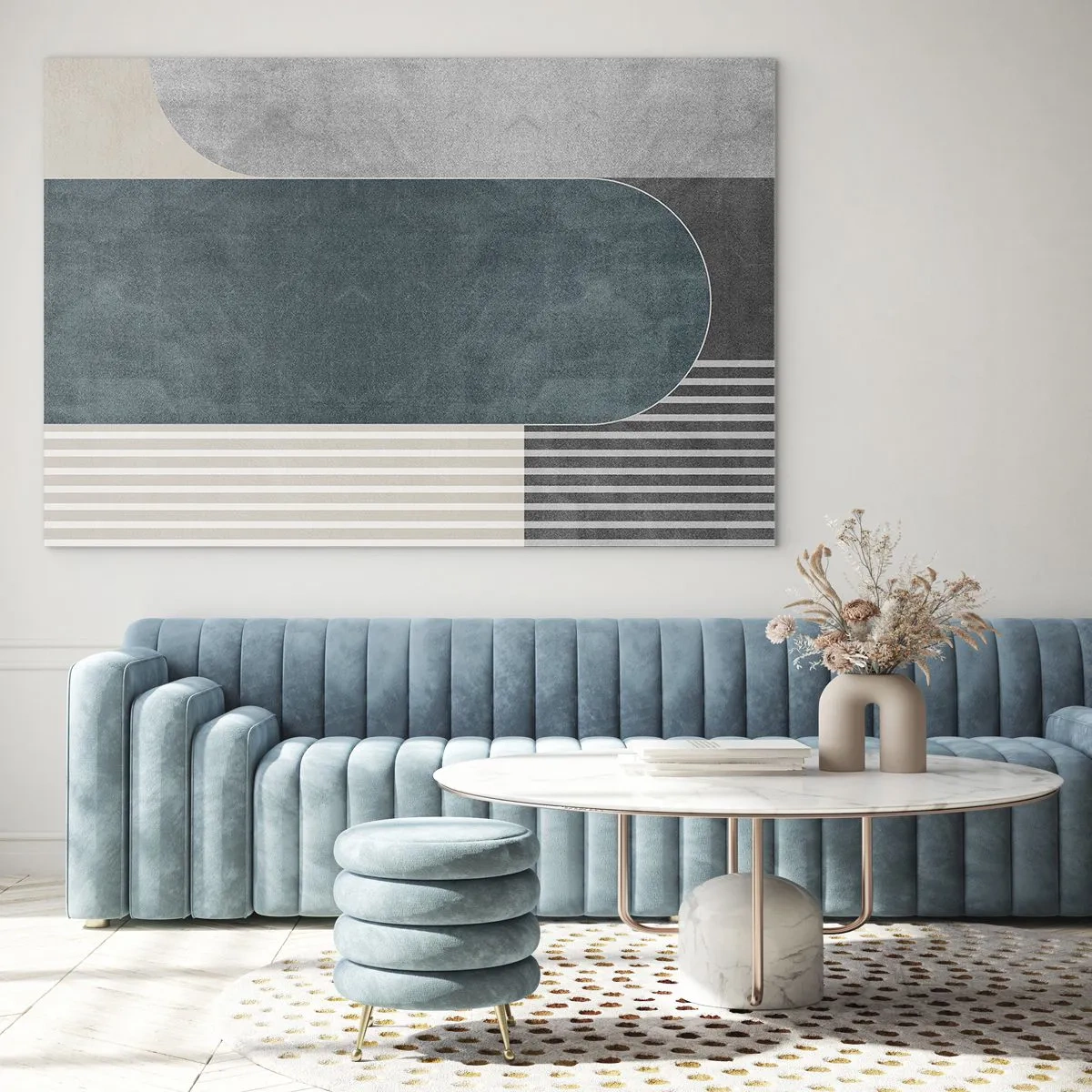 Obraz na skle - Geometrický tvar v odstínech šedé, béžové a zelené - 70x50cm - Kompozice na úrovni - Moderní nástěnná dekorace do obývacího pokoje a ložnice ARTTOR