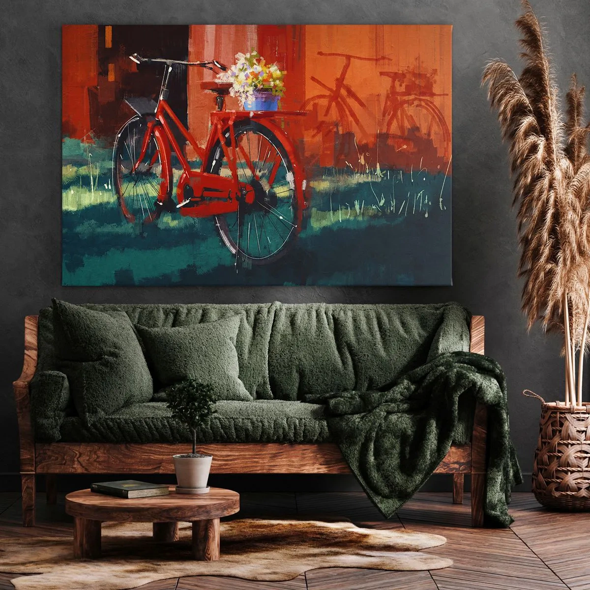 Obraz na plátně - Červené kolo s květinami na oranžové zdi - 70x50cm - I want to ride my bicycle - Moderní nástěnná dekorace do obývacího pokoje a ložnice ARTTOR