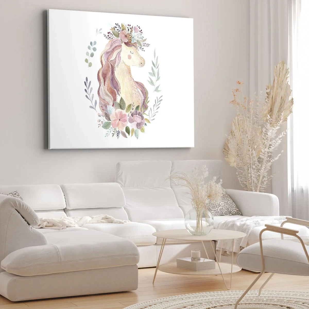 Obraz na plátně - Jednorožec v pastelových barvách obklopený květinami - 70x50cm - Pozvánka do říše pohádek - Moderní nástěnná dekorace do obývacího pokoje a ložnice ARTTOR