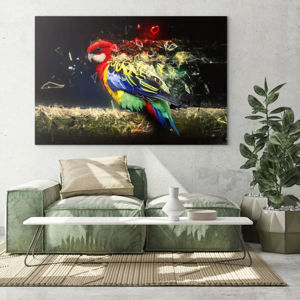 Obraz na skle - Barevný papoušek v umělecké kompozici s efektem rozbití - 70x50cm - Posel záře - Moderní nástěnná dekorace do obývacího pokoje a ložnice ARTTOR