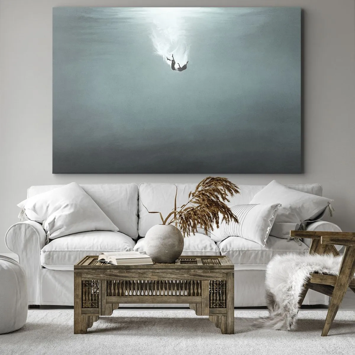 Obraz na plátně - Postava ponořená v hluboké tyrkysové vodě - 70x50cm - V objetí oceánu - Moderní nástěnná dekorace do obývacího pokoje a ložnice ARTTOR