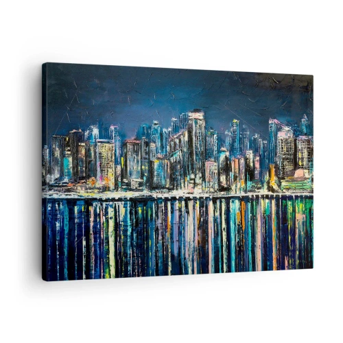 Obraz na plátně - Panorama nočního města odrážející se ve vodě - 70x50cm - Kaskáda světel - Moderní nástěnná dekorace do obývacího pokoje a ložnice ARTTOR