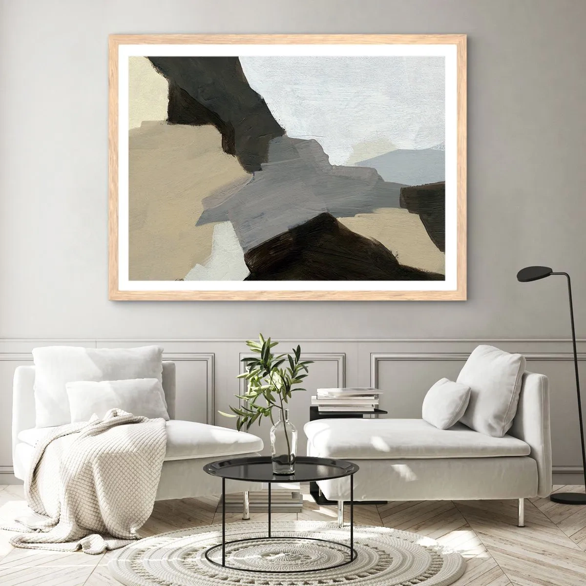 Plakát v rámu světlý dub - Abstrakce: křižovatka šedi - 91x61 cm