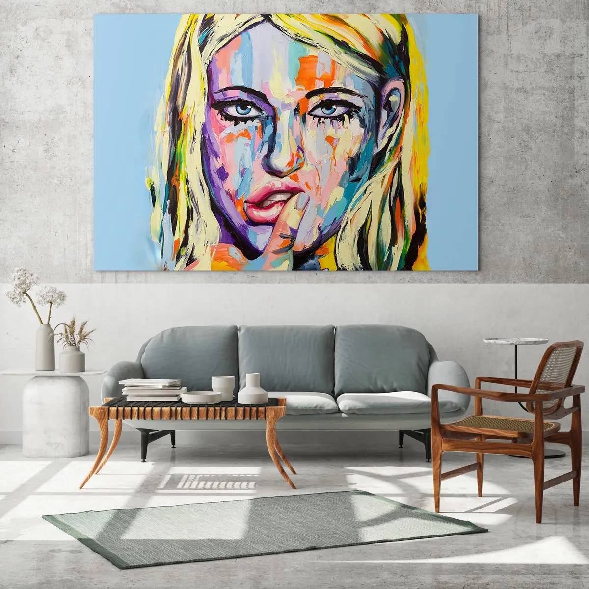 Obraz na skle - Barevný portrét ženy se zamyšleným výrazem - 70x50cm - Podívej se jí přímo do očí - Moderní nástěnná dekorace do obývacího pokoje a ložnice ARTTOR