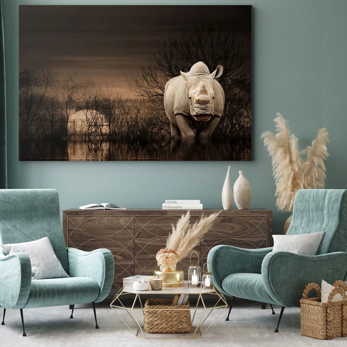 Obraz na plátně - Nosorožec mezi stromy při západu slunce, divoká příroda. - 70x50cm - Bílý proti přírodě - Moderní nástěnná dekorace do obývacího pokoje a ložnice ARTTOR