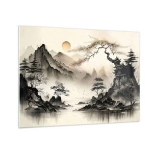Obraz na skle - Orientální horská krajina s pagodou a stromy - 70x50cm - Jedinečné kouzlo orientu - Moderní nástěnná dekorace do obývacího pokoje a ložnice ARTTOR