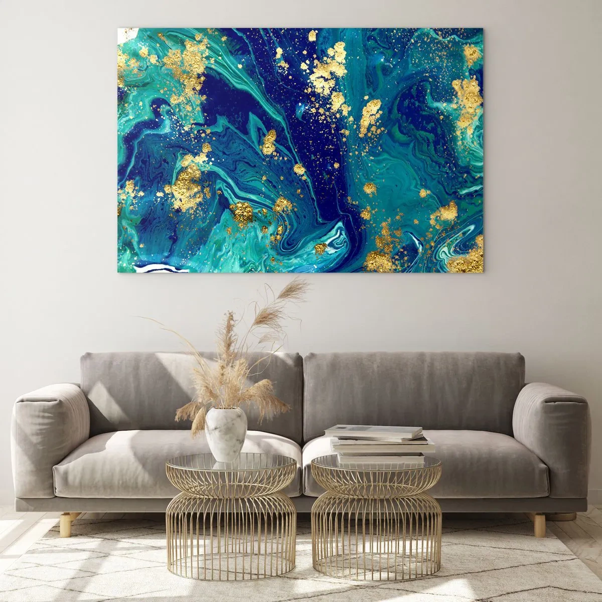 Obraz na skle - Abstraktní vzor v odstínech tyrkysové a tmavě modré se zlatými akcenty - 70x50cm - Plátky slunce - Moderní nástěnná dekorace do obývacího pokoje a ložnice ARTTOR