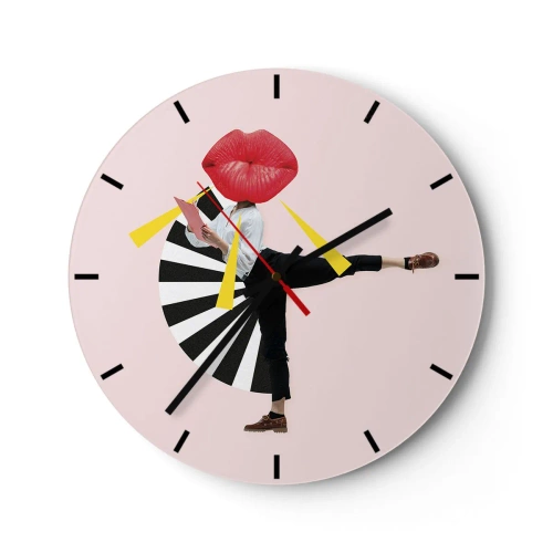 Nástěnné hodiny - Postava s hlavou ve tvaru úst v dynamické pop-artové kompozici - 30x30cm - Surrealistický pop-art - Moderní nástěnná dekorace do obývacího pokoje, kuchyně a ložnice ARTTOR