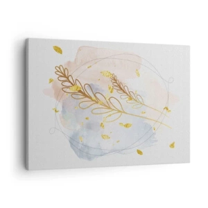Obraz na plátně - Jemný motiv zlatých listů na pastelovém pozadí s detaily v akvarelu. - 70x50cm - Zlatý závan - Moderní nástěnná dekorace do obývacího pokoje a ložnice ARTTOR