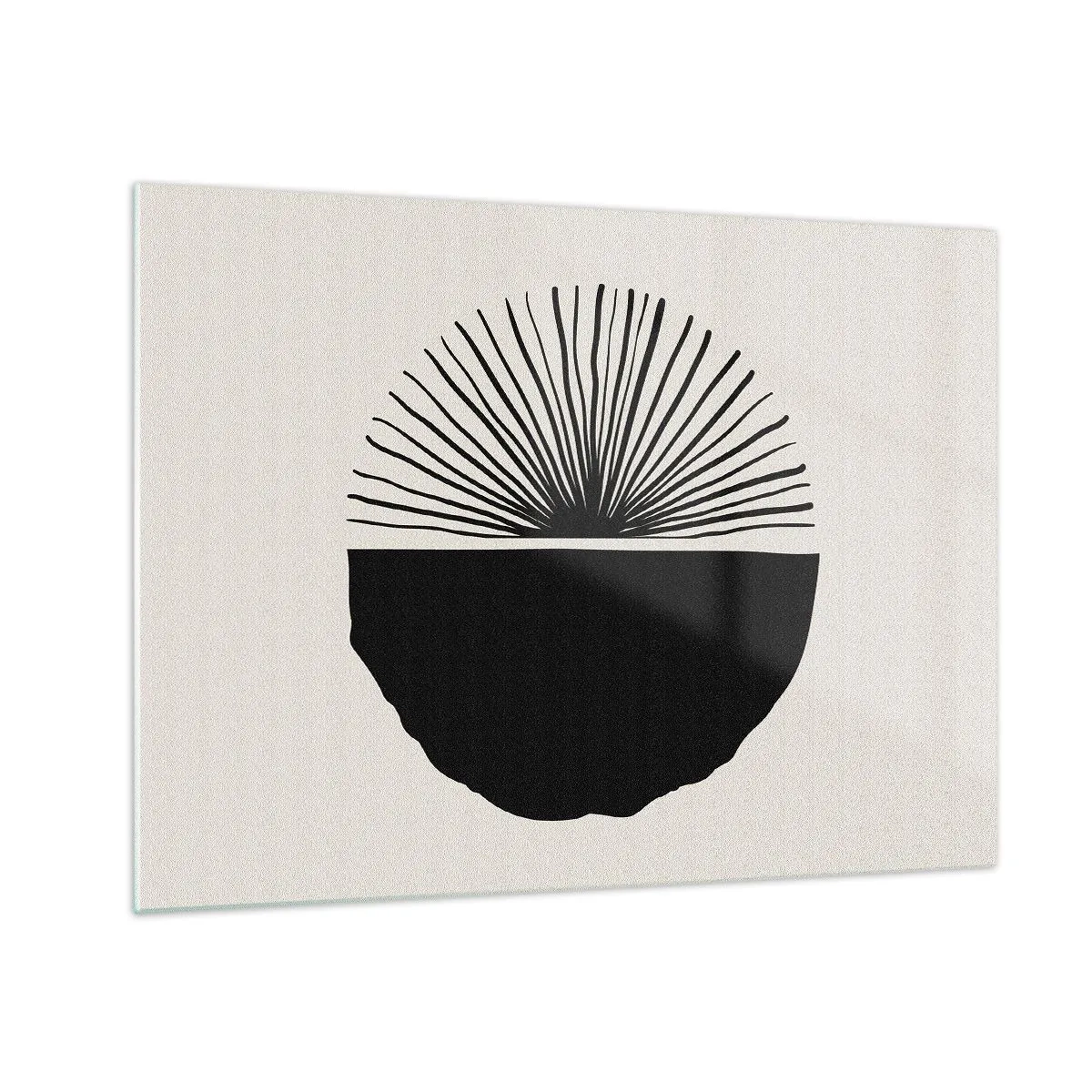 Obraz na skle - Černý geometrický tvar s vějířem čar na krémovém pozadí. - 70x50cm - Řada možností - Moderní nástěnná dekorace do obývacího pokoje a ložnice ARTTOR