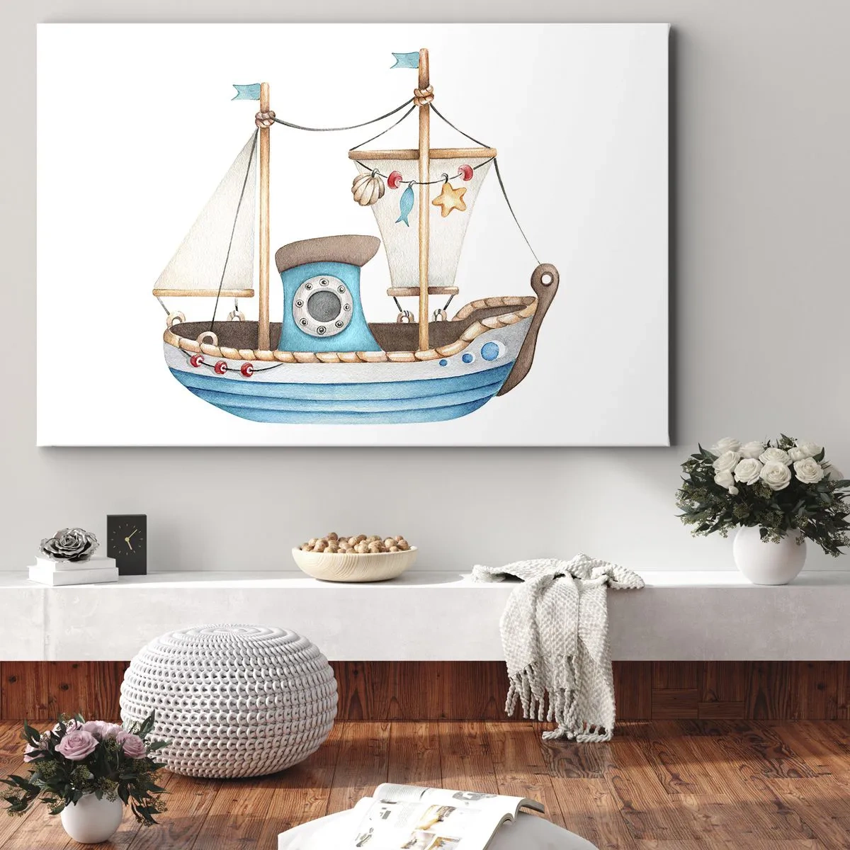 Obraz na plátně - Ilustrace lodi v pastelových barvách na bílém pozadí - 70x50cm - Ahoj, dobrodružství! - Moderní nástěnná dekorace do obývacího pokoje a ložnice ARTTOR