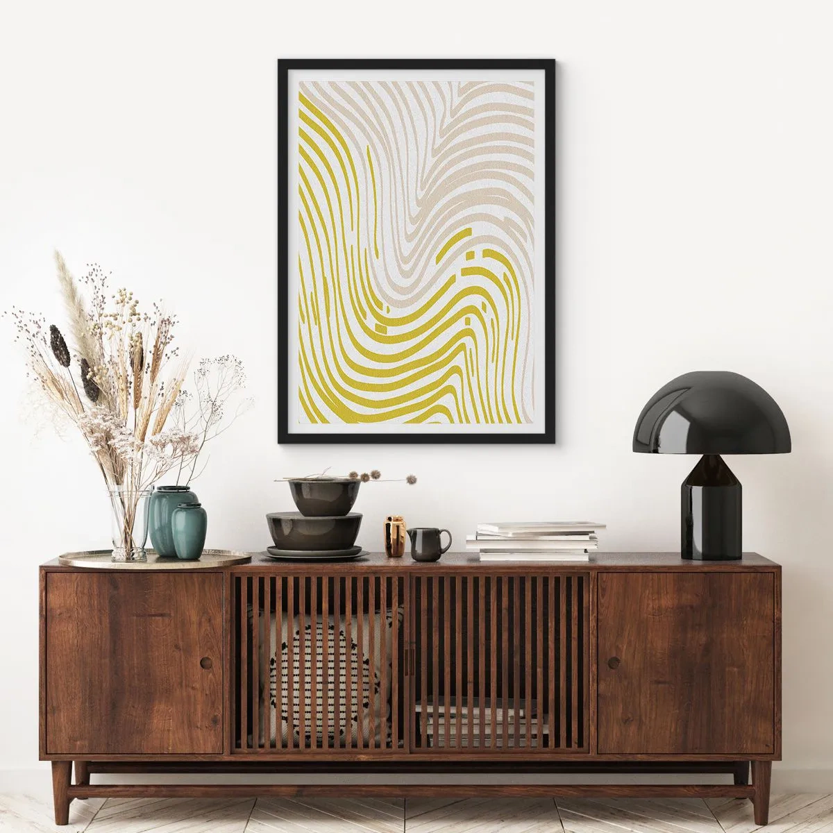 Plakát v černém rámu - Abstraktní kompozice vlnovek v odstínech béžové a žluté. - 50x70cm - Kompozice s mírným ohybem - Moderní nástěnná dekorace do obývacího pokoje a ložnice ARTTOR