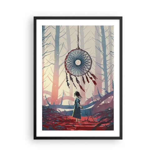 Plakát v černém rámu - Postava v lese s lapačem snů na pastelovém pozadí. - 50x70cm - Tajný rituál štěstí - Moderní nástěnná dekorace do obývacího pokoje a ložnice ARTTOR