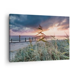 Obraz na plátně - Pláž při západu slunce s trávou v popředí - 70x50cm - Neodváto větrem - Moderní nástěnná dekorace do obývacího pokoje a ložnice ARTTOR