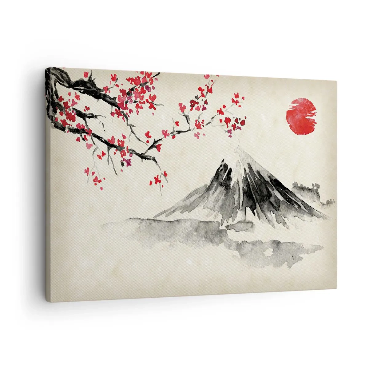 Obraz na plátně - Malebná krajina s horou, třešňovými květy a sluncem - 70x50cm - Zamilujte se do Japonska - Moderní nástěnná dekorace do obývacího pokoje a ložnice ARTTOR