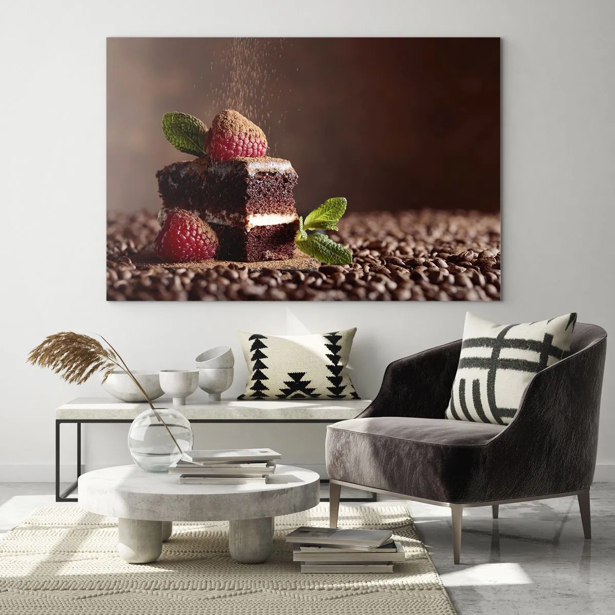 Obraz na skle - Čokoládový dezert s malinami a lístky máty - 70x50cm - Život je sladký - Moderní nástěnná dekorace do obývacího pokoje a ložnice ARTTOR