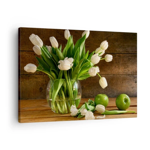 Obraz na plátně - Kytice bílých tulipánů ve skleněné váze se zelenými jablky - 70x50cm - Šťavnaté a čerstvé v zelené a bílé - Moderní nástěnná dekorace do obývacího pokoje a ložnice ARTTOR