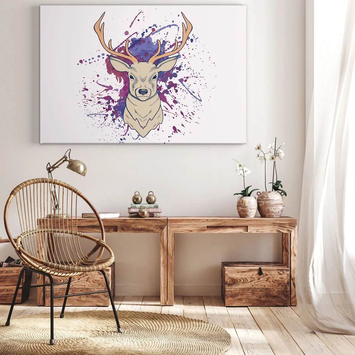 Obraz na plátně - Portrét jelena s abstraktními skvrnami v pozadí - 70x50cm - Odvaha a rovnováha - Moderní nástěnná dekorace do obývacího pokoje a ložnice ARTTOR