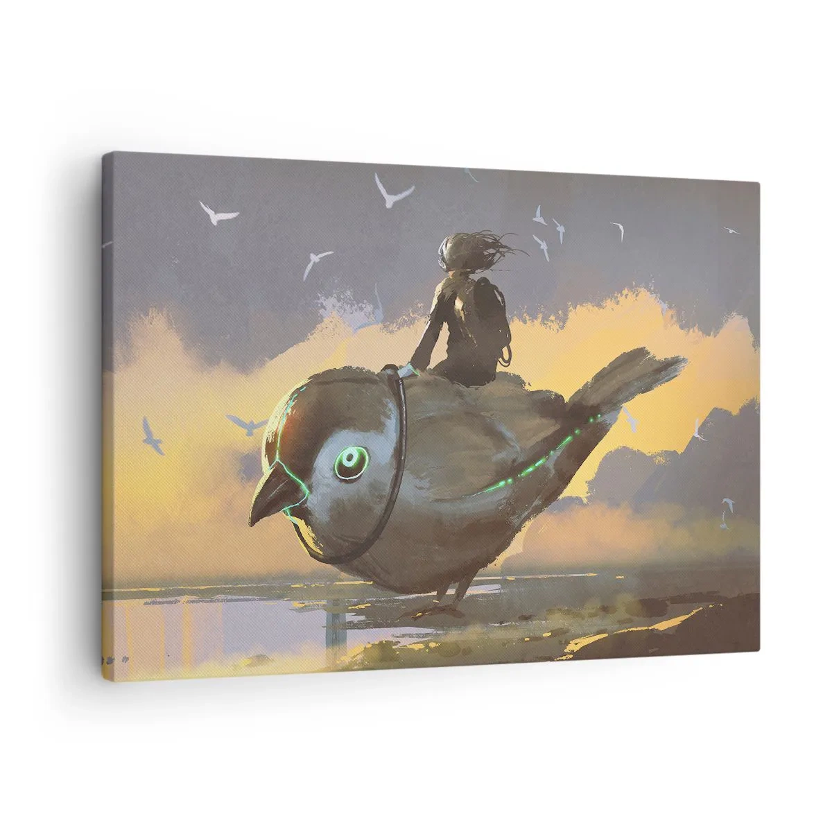 Obraz na plátně - Jezdec na obřím ptákovi v surrealistické krajině - 70x50cm - Zastávka na fantastické cestě - Moderní nástěnná dekorace do obývacího pokoje a ložnice ARTTOR