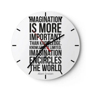 Nástěnné hodiny - Inspirativní citát Alberta Einsteina - 30x30cm - Einstein o síle představivosti - Moderní nástěnná dekorace do obývacího pokoje, kuchyně a ložnice ARTTOR
