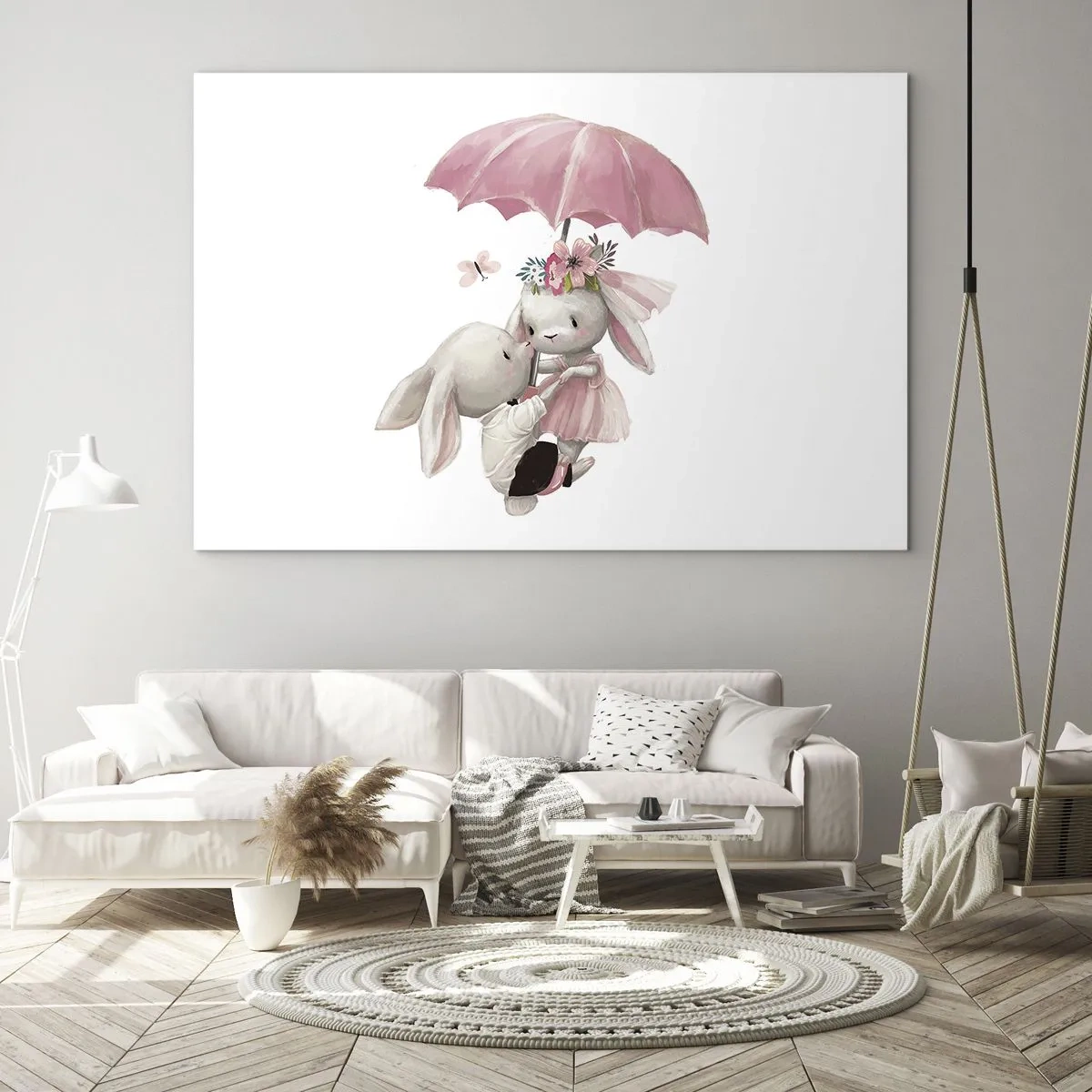 Obraz na skle - Dva králíci pod růžovým deštníkem v romantické scéně - 70x50cm - To je láska - Moderní nástěnná dekorace do obývacího pokoje a ložnice ARTTOR