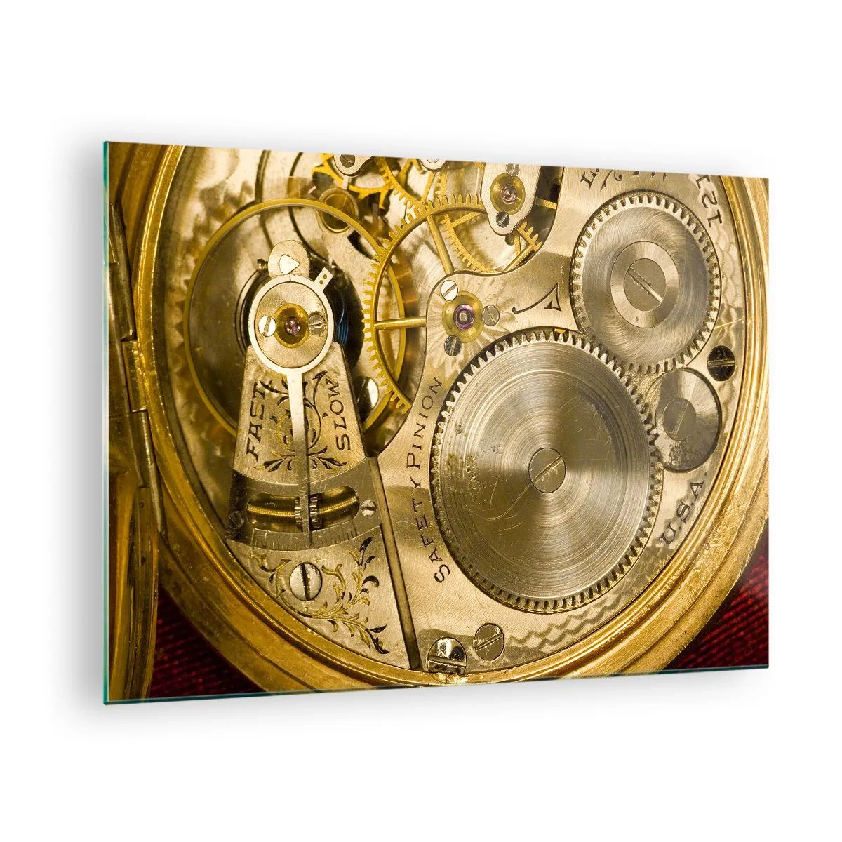 Obraz na skle - Hodinkový mechanismus ve zlaté povrchové úpravě - 70x50cm - Jdi s duchem času - Moderní nástěnná dekorace do obývacího pokoje a ložnice ARTTOR