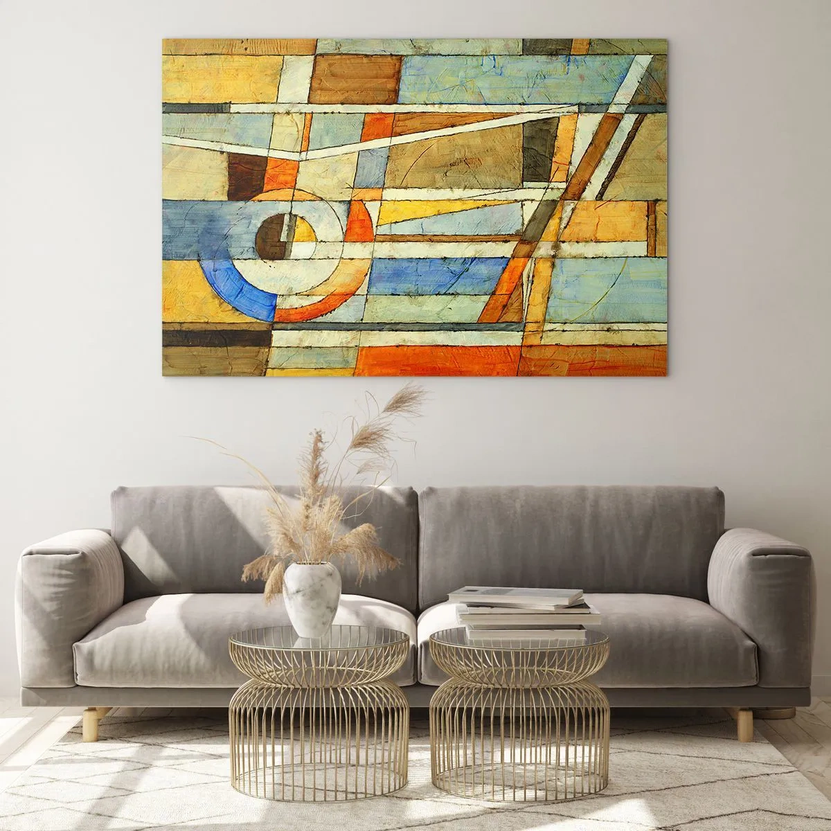 Obraz na skle - Abstraktní kompozice s geometrickými vzory a teplými barvami. - 70x50cm - Kubismus na stavbě - Moderní nástěnná dekorace do obývacího pokoje a ložnice ARTTOR