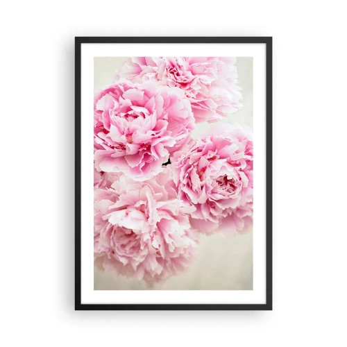 Plakát v černém rámu - Kytice růžových pivoněk na světlém pozadí - 50x70cm - V růžovém přepychu - Moderní nástěnná dekorace do obývacího pokoje a ložnice ARTTOR