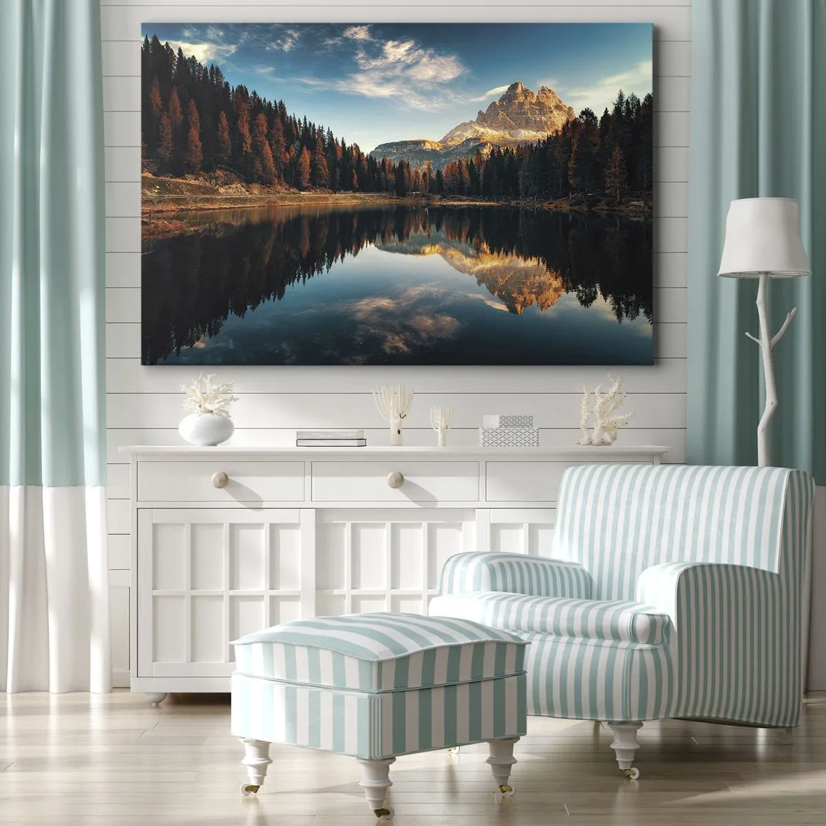 Obraz na plátně - Horská krajina s jezerem a lesem - 70x50cm - Dvojitá krajina - Moderní nástěnná dekorace do obývacího pokoje a ložnice ARTTOR