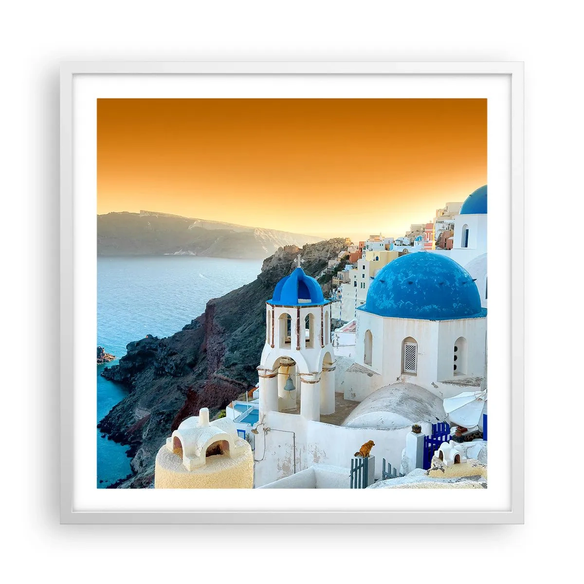 Plakát v bílém rámu - Santorini - přitulené ke skalám - 60x60 cm