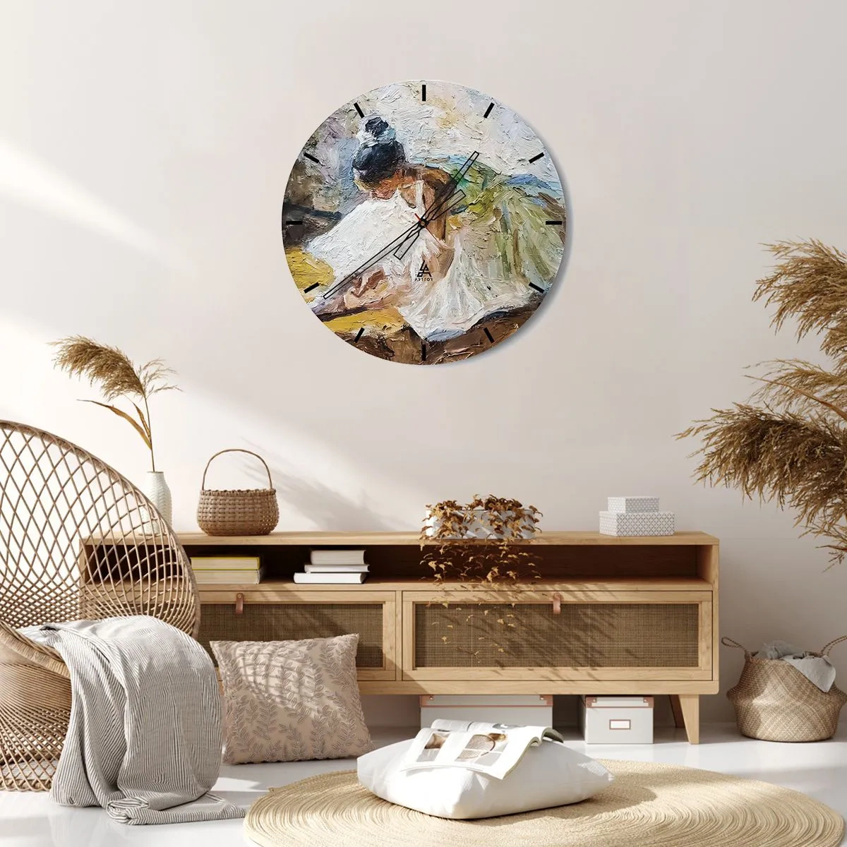 Nástěnné hodiny - Baletka v bílých šatech zobrazená v impresionistickém stylu. - 30x30cm - Z Degasova obrazu - Moderní nástěnná dekorace do obývacího pokoje, kuchyně a ložnice ARTTOR