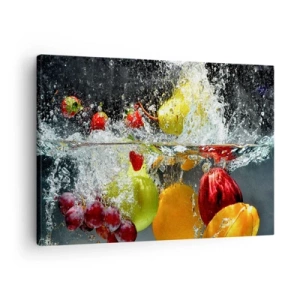Obraz na plátně - Barevné ovoce ve vodě během dynamického ponoření - 70x50cm - Ovocné osvěžení - Moderní nástěnná dekorace do obývacího pokoje a ložnice ARTTOR