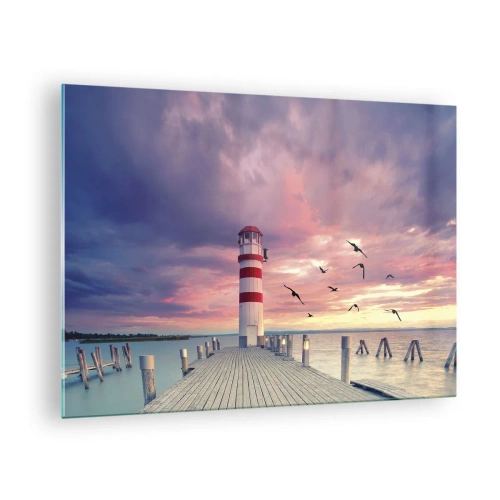 Obraz na skle - Maják na molu při západu slunce s létajícími ptáky - 70x50cm - Čas jít do přístavu - Moderní nástěnná dekorace do obývacího pokoje a ložnice ARTTOR