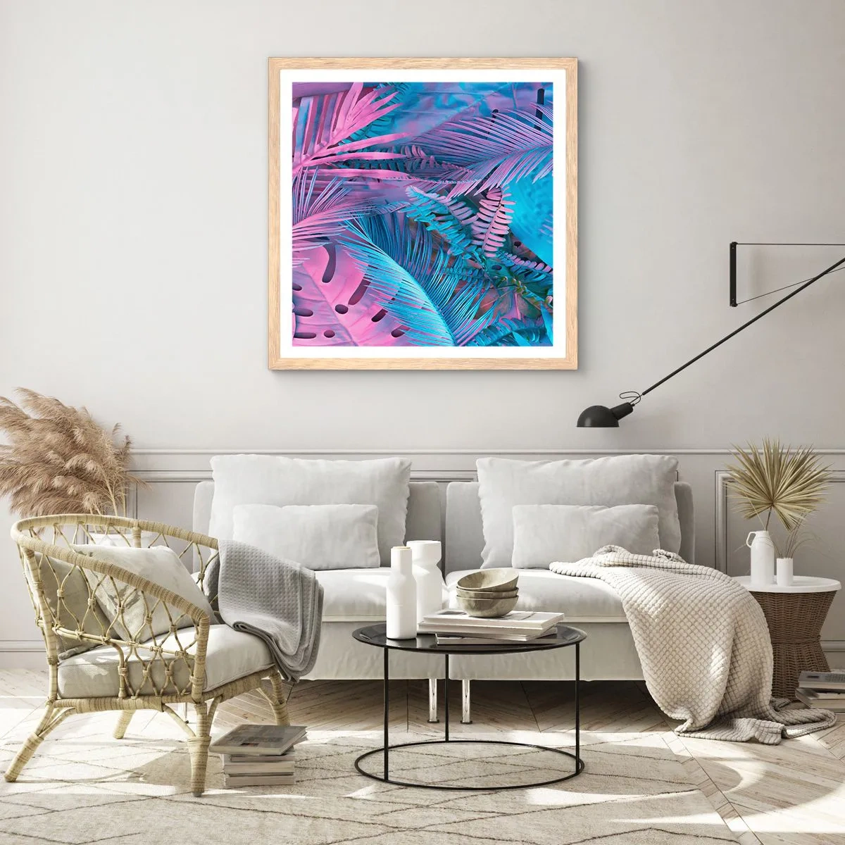 Plakát v rámu světlý dub - Tropy v růžové a modré - 40x40 cm