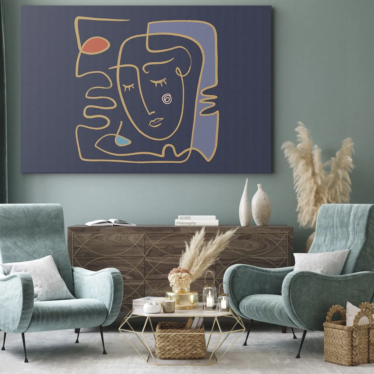 Obraz na plátně - Abstraktní portrét obličeje v minimalistickém stylu - 70x50cm - V zádumčivosti - Moderní nástěnná dekorace do obývacího pokoje a ložnice ARTTOR