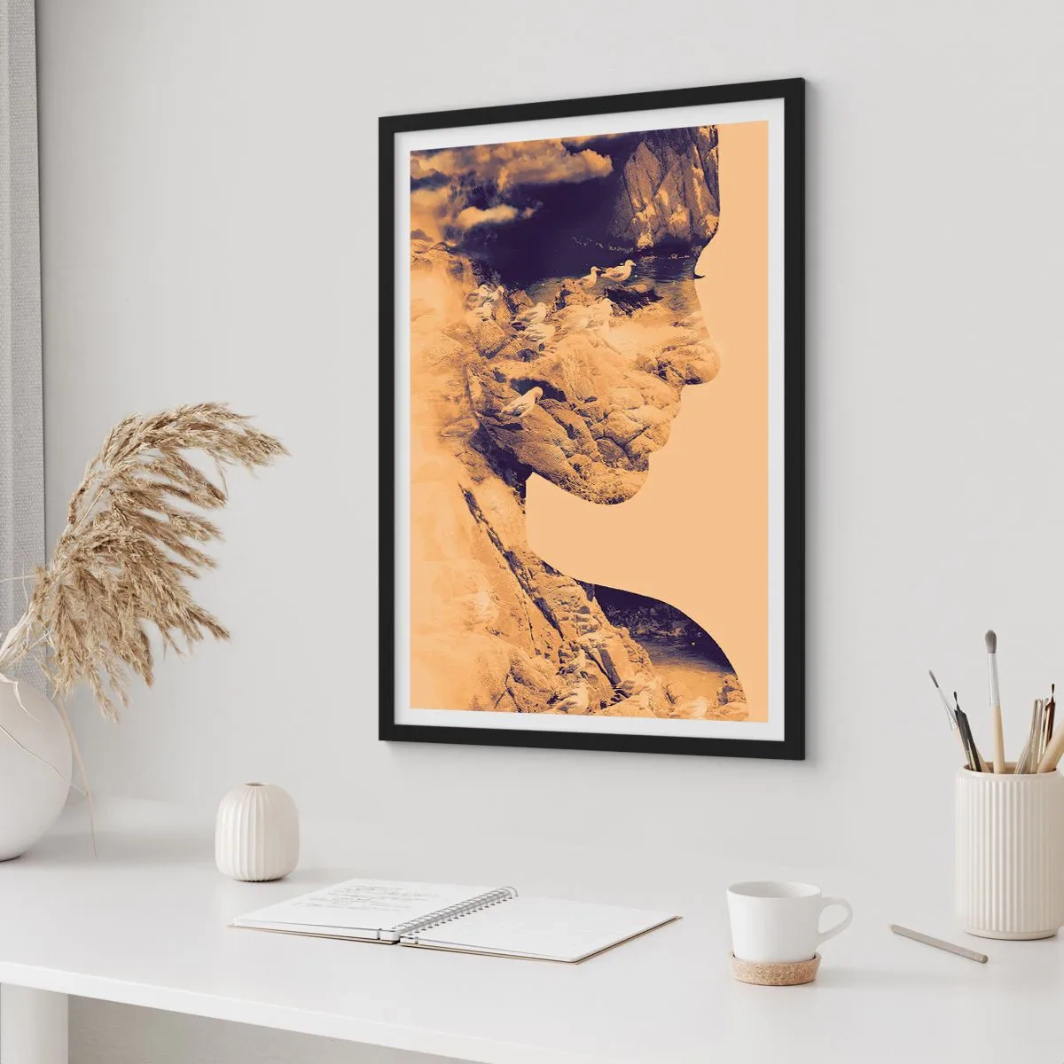 Plakát v černém rámu - Portrét s krajinou ve stylu dvojité expozice - 50x70cm - Krásná od přírody - Moderní nástěnná dekorace do obývacího pokoje a ložnice ARTTOR