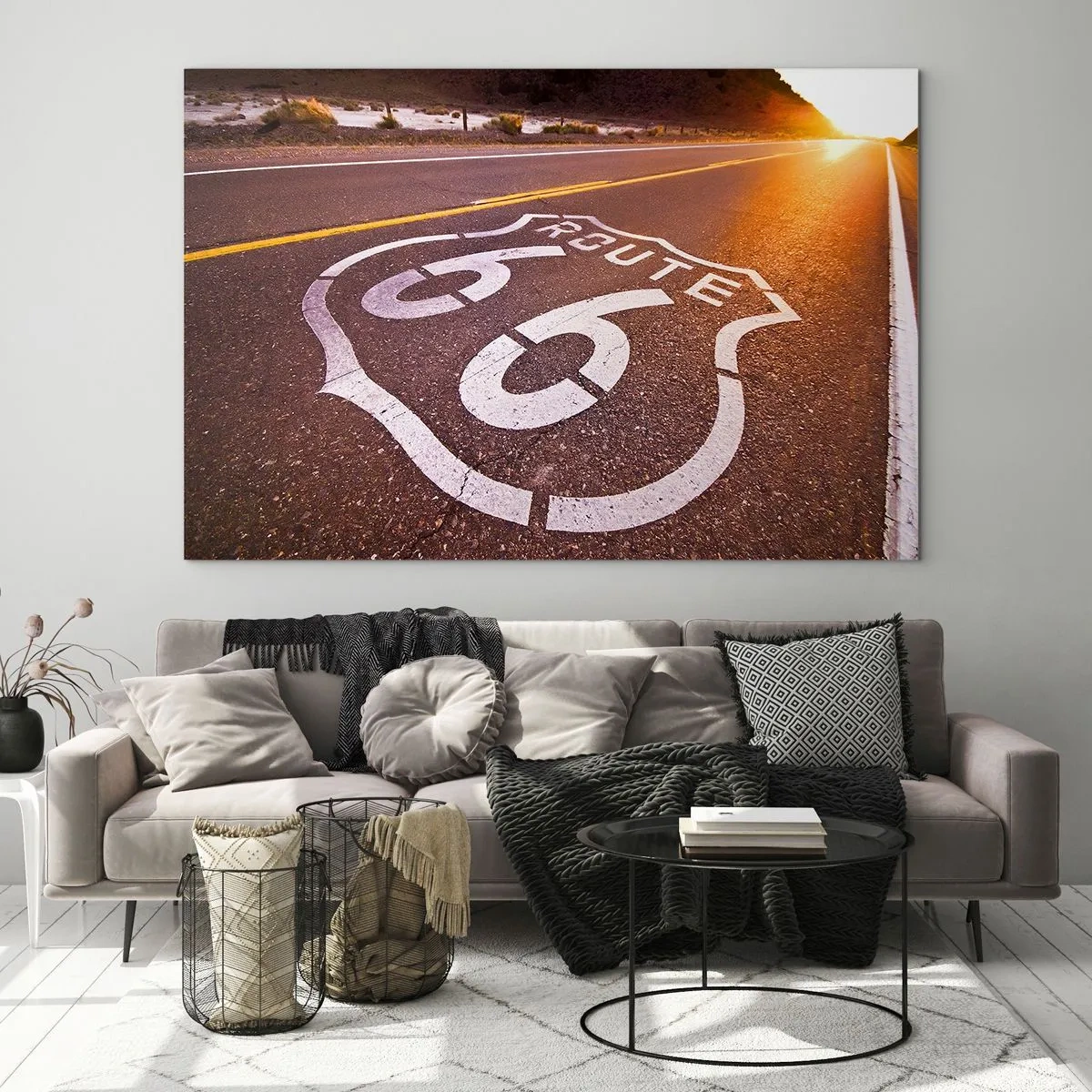 Obraz na skle - Route 66 při západu slunce - 70x50cm - Slavná silnice 66 - Moderní nástěnná dekorace do obývacího pokoje a ložnice ARTTOR