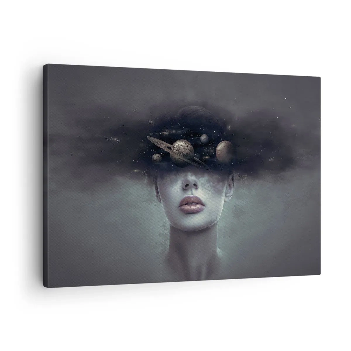 Obraz na plátně - Ženská tvář s motivem planety a vesmíru v pozadí - 70x50cm - A planety… - Moderní nástěnná dekorace do obývacího pokoje a ložnice ARTTOR