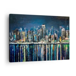 Obraz na plátně - Panorama nočního města odrážející se ve vodě - 70x50cm - Kaskáda světel - Moderní nástěnná dekorace do obývacího pokoje a ložnice ARTTOR
