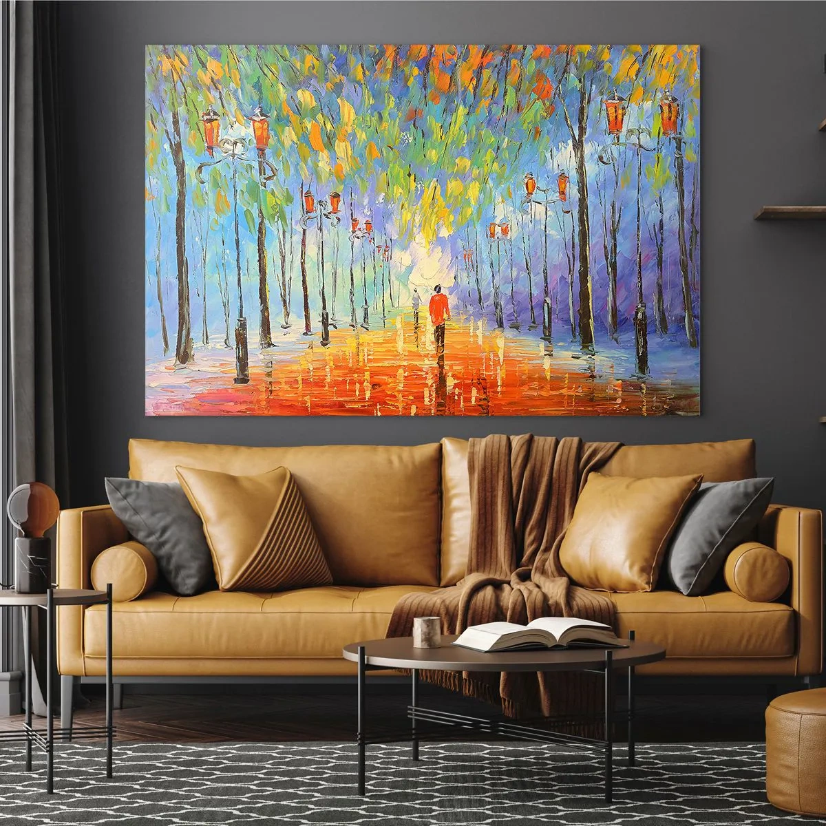 Obraz na skle - Barevný park s alejí a lucernami v malířském stylu - 70x50cm - Noční píseň deště - Moderní nástěnná dekorace do obývacího pokoje a ložnice ARTTOR