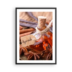 Plakát v černém rámu - Láhev ájurvédského oleje a koření - 50x70cm - K jednotě těla a ducha - Moderní nástěnná dekorace do obývacího pokoje a ložnice ARTTOR