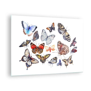 Obraz na skle - Barevní motýli v umělecké kompozici - 70x50cm - Krajkový, barevný roj - Moderní nástěnná dekorace do obývacího pokoje a ložnice ARTTOR