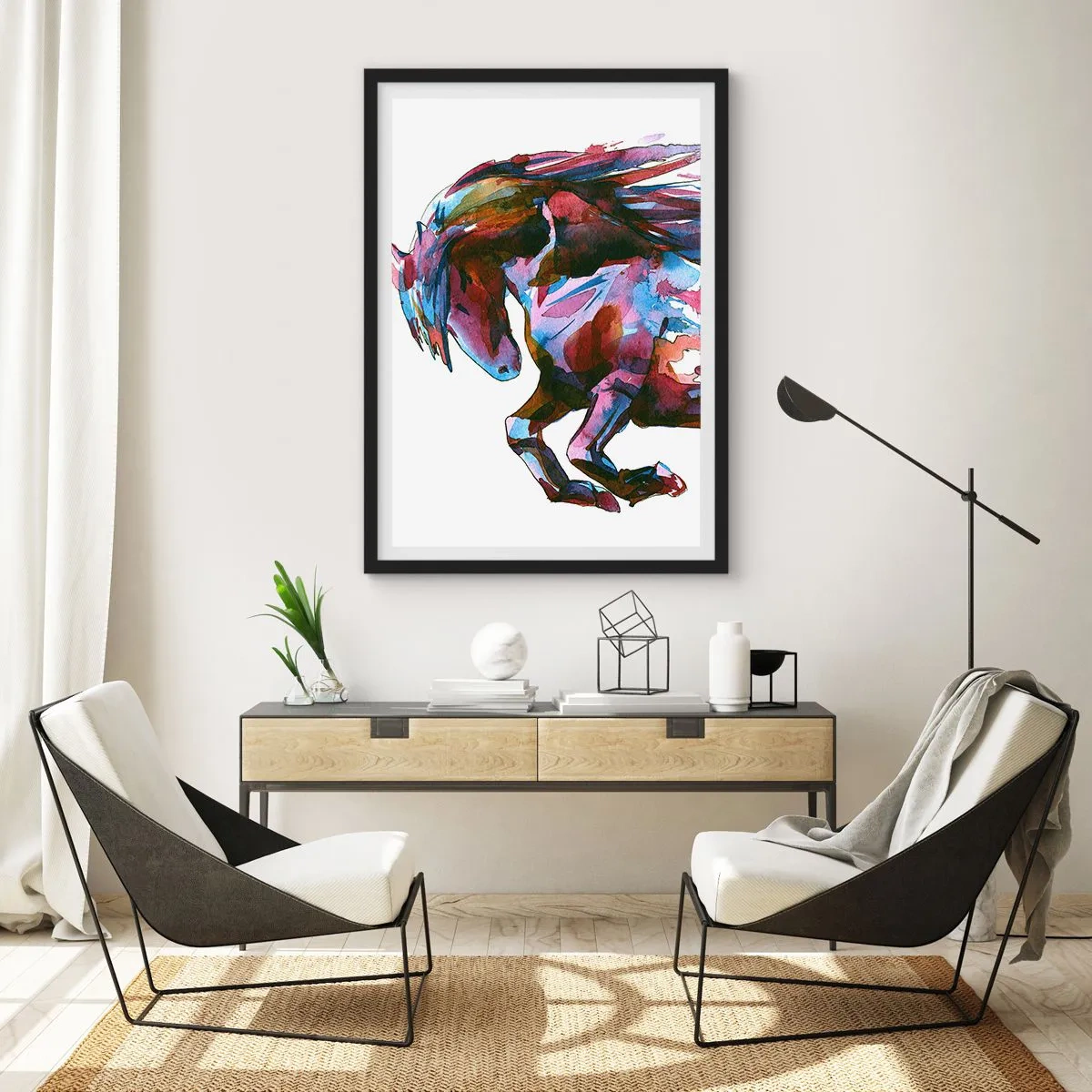 Plakát v černém rámu - Barevný abstraktní kůň v dynamické póze - 50x70cm - U vytržení - Moderní nástěnná dekorace do obývacího pokoje a ložnice ARTTOR