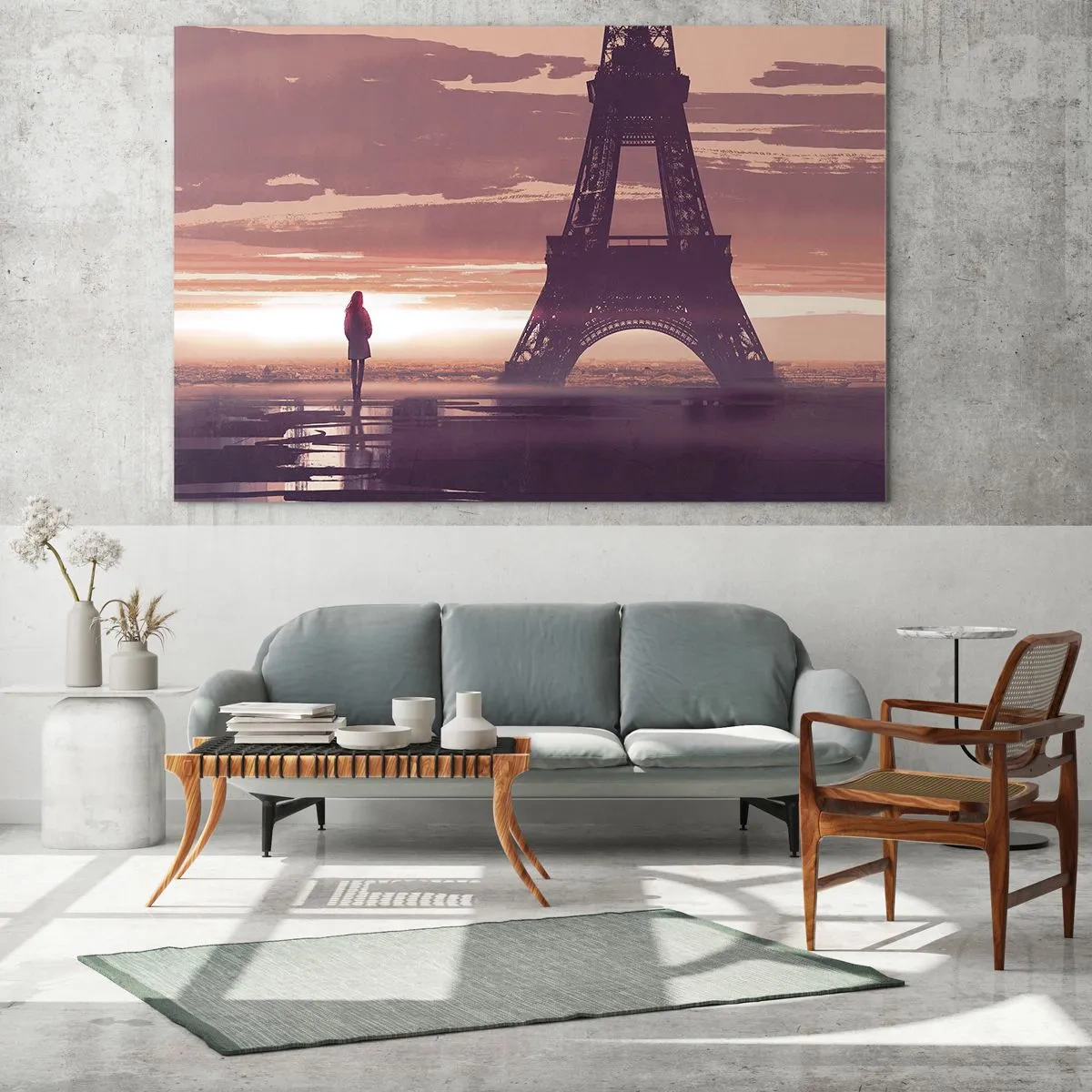 Obraz na skle - Eiffelova věž při západu slunce se siluetou osoby - 70x50cm - Pouze ty dvě - Moderní nástěnná dekorace do obývacího pokoje a ložnice ARTTOR