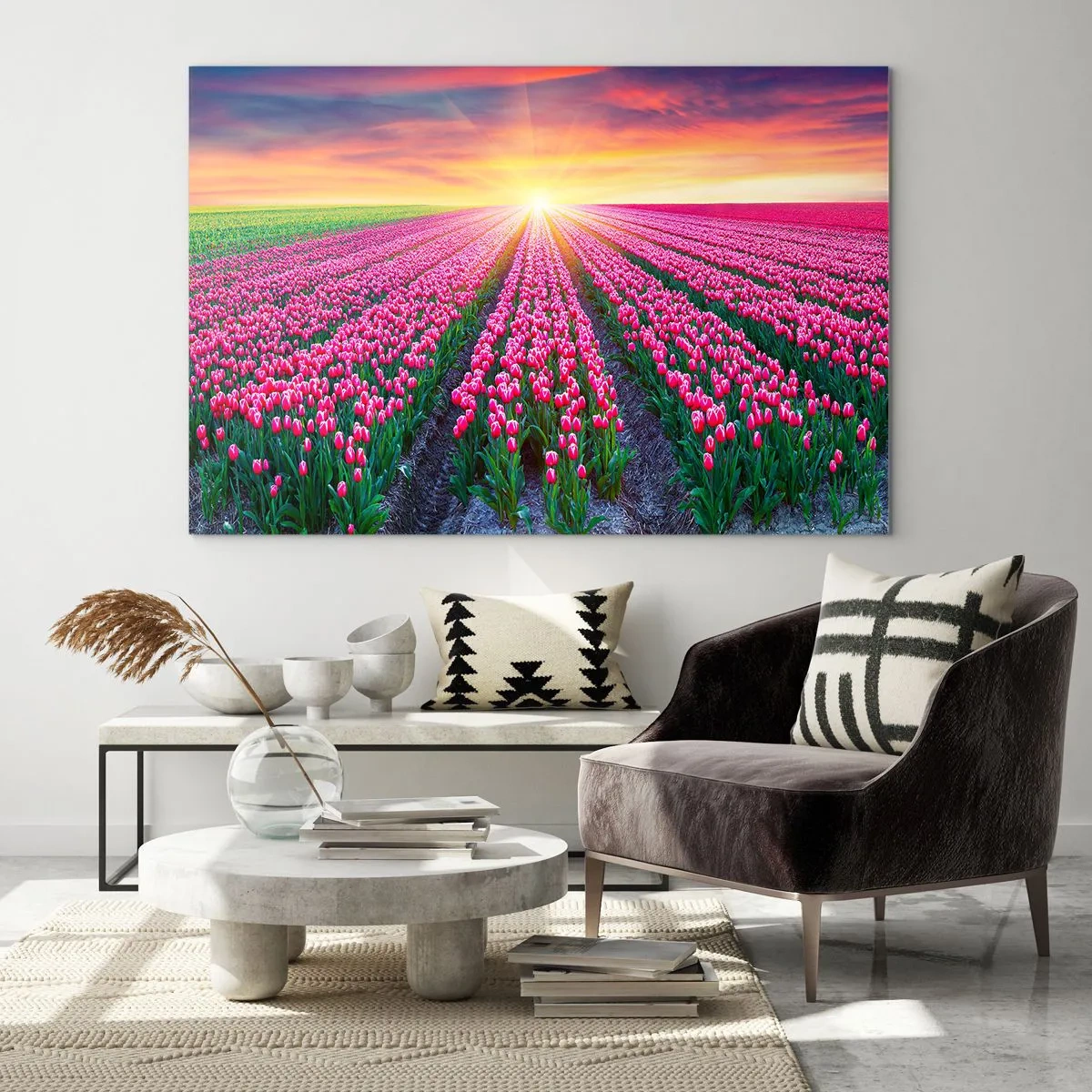 Obraz na skle - Pole růžových tulipánů v paprscích zapadajícího slunce - 70x50cm - Farma krásy - Moderní nástěnná dekorace do obývacího pokoje a ložnice ARTTOR