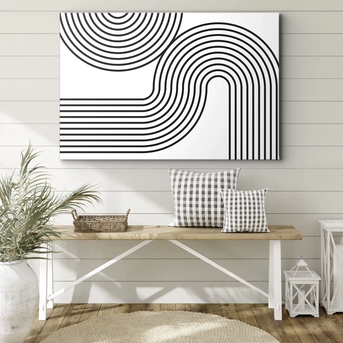 Obraz na plátně - Abstraktní obraz s černými čarami vytvářejícími geometrické vzory na bílém pozadí. - 70x50cm - V zatáčce - Moderní nástěnná dekorace do obývacího pokoje a ložnice ARTTOR